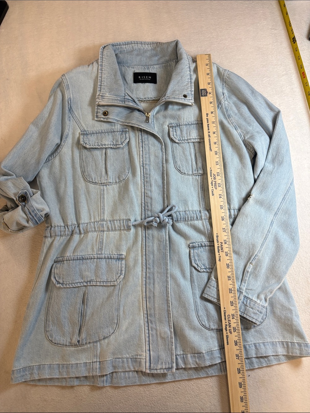 Risen Light Wash Denim Utility Jacket with Drawstring Waist